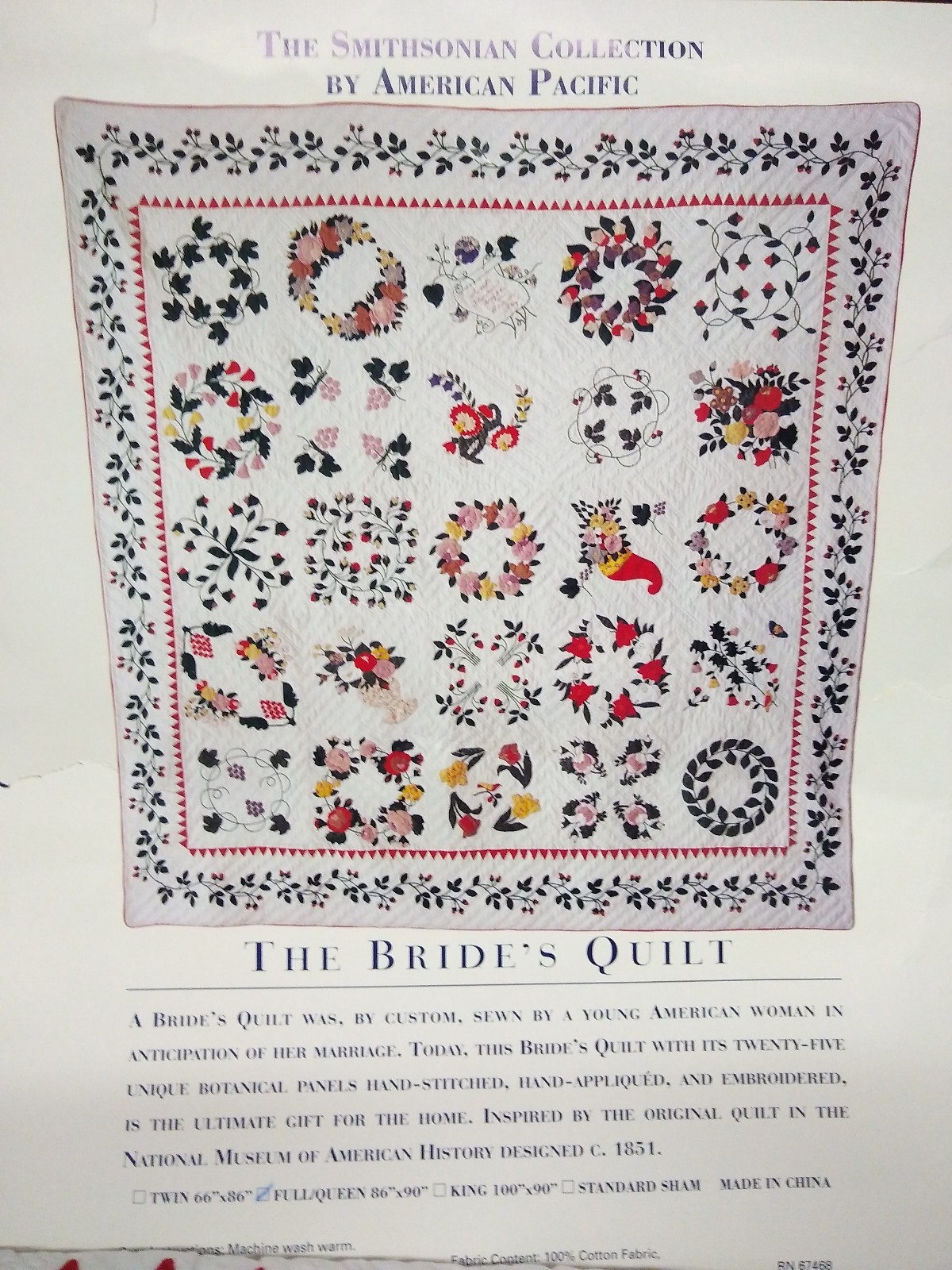 Vintage - New - BRIDE'S - BRIDE QUILT - APPLIQUE - Queen - 2 Shams - Cotton