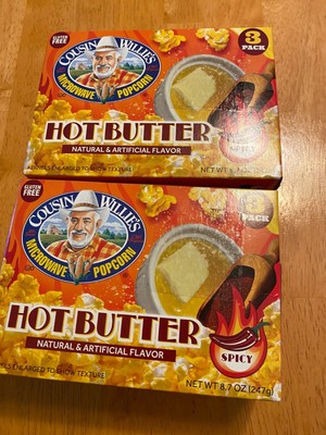NEW SEALED Lot 2 Boxes Cousin Willie's Hot Butter Spicy Popcorn 8.7 oz 3 ct Each