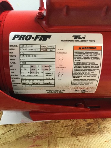 NEW, TACO, MOT-D-102, PRO-FIT, MOTOR 1/2 HP, 1725 RPM, SINGLE PHASE, (22C)
