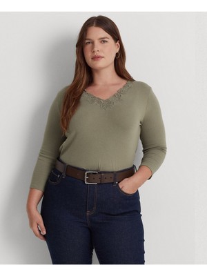 

LAUREN RALPH LAUREN Женский зеленый кружевной топ с рукавами 3/4 и V-образным вырезом Plus