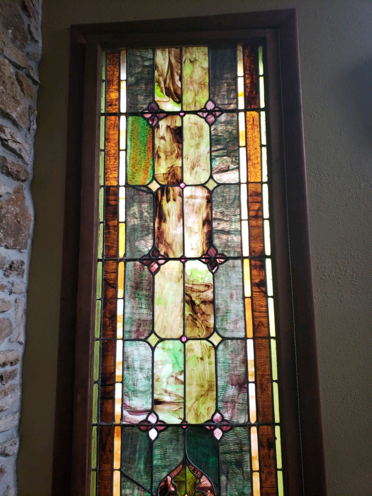 large antique stained glass window, 9 ft 2 in tall by 2 ft 4 in wide