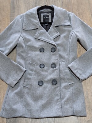 Me Jane Peacoat Jacket Womens Small Gray Long Sleeve Button Casual Slash Pockets