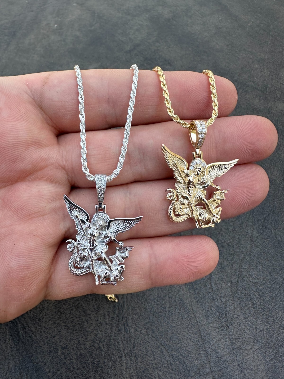 Pre-owned Hip Hop Real Diamond Saint Michael Archangel Pendant Solid 14k Gold Necklace Pendant In White