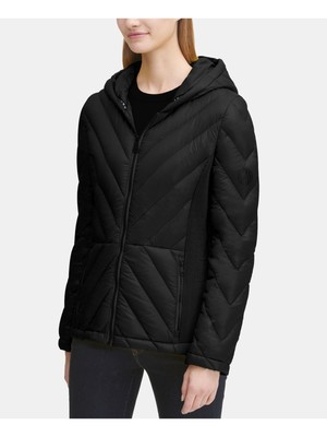 

DKNY Женская черная стеганая пуховая зимняя куртка на молнии с капюшоном и капюшоном Пальто, Черный, DL930025