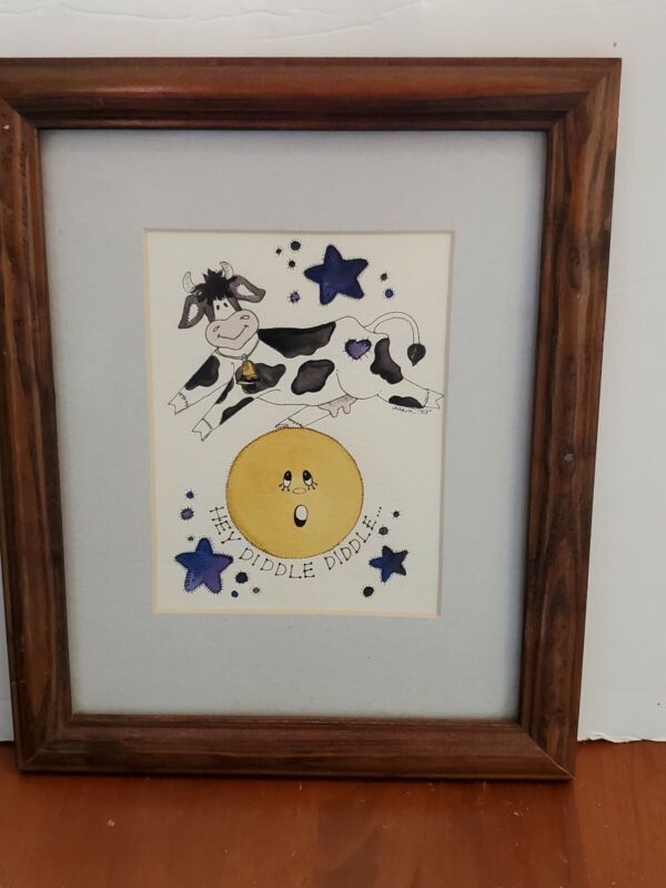Hey Diddle Diddle Cow Jumped over the moon framed picture Nursery Rhyme ~ 9x11"