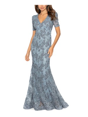 Женское вечернее платье XSCAPE с V-образным вырезом и длинным рукавом-пуфом на подкладке серого цвета в полный рост 4