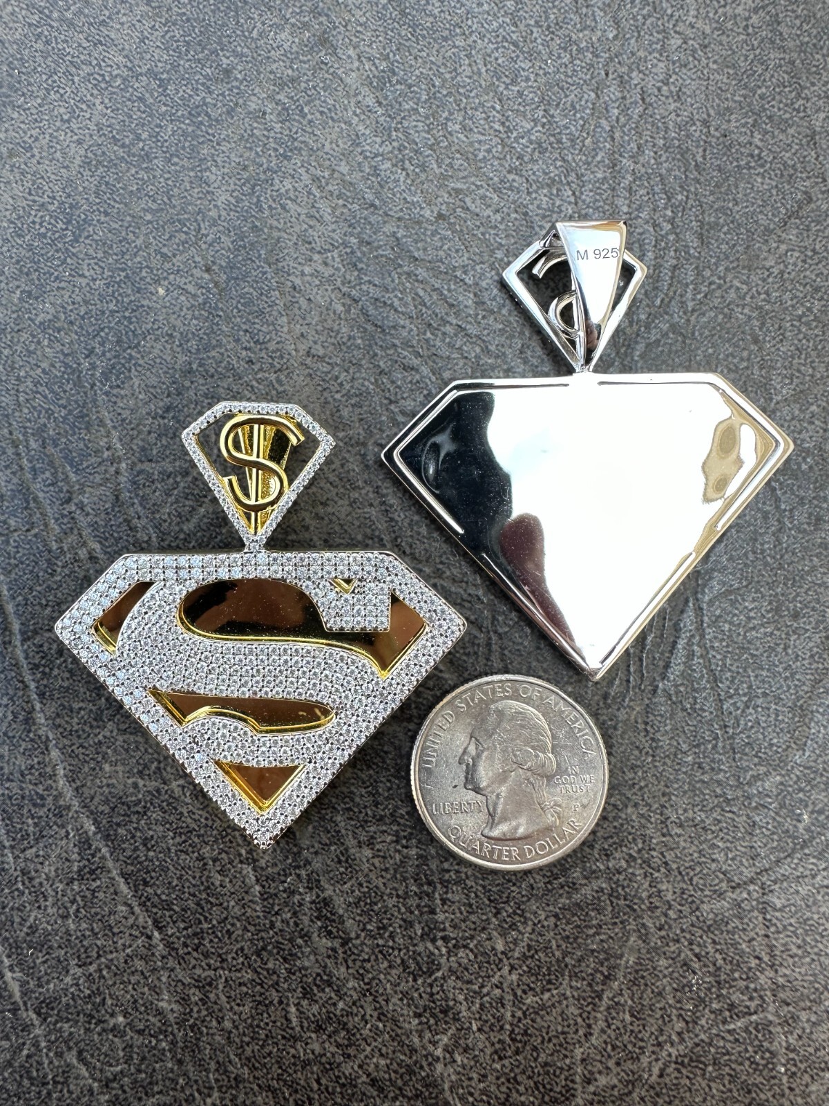 Pre-owned Harlembling Moissanite Real 925 Silver/gold Plated Iced Superman Superhero Pendant Necklace In White