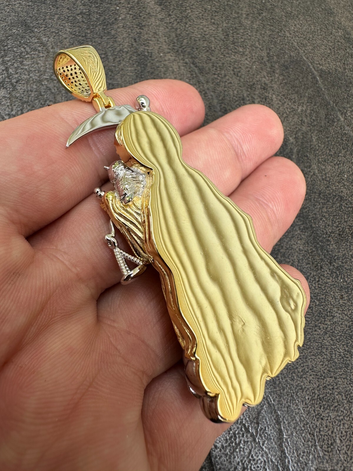 Pre-owned Harlembling Moissanite Santa Muerte Grim Reaper Pendant 925 Silver / 14k Gold Rose Necklace In White