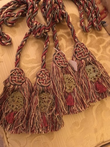 2 Scalamandre Duchessa Silk/Jade Double Tassel Tie Backs Brick Sage Cream