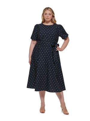 DKNY Womens Navy Unlined Short Sleeves Tie Belt Midi Fit + Flare Dress Plus 16W