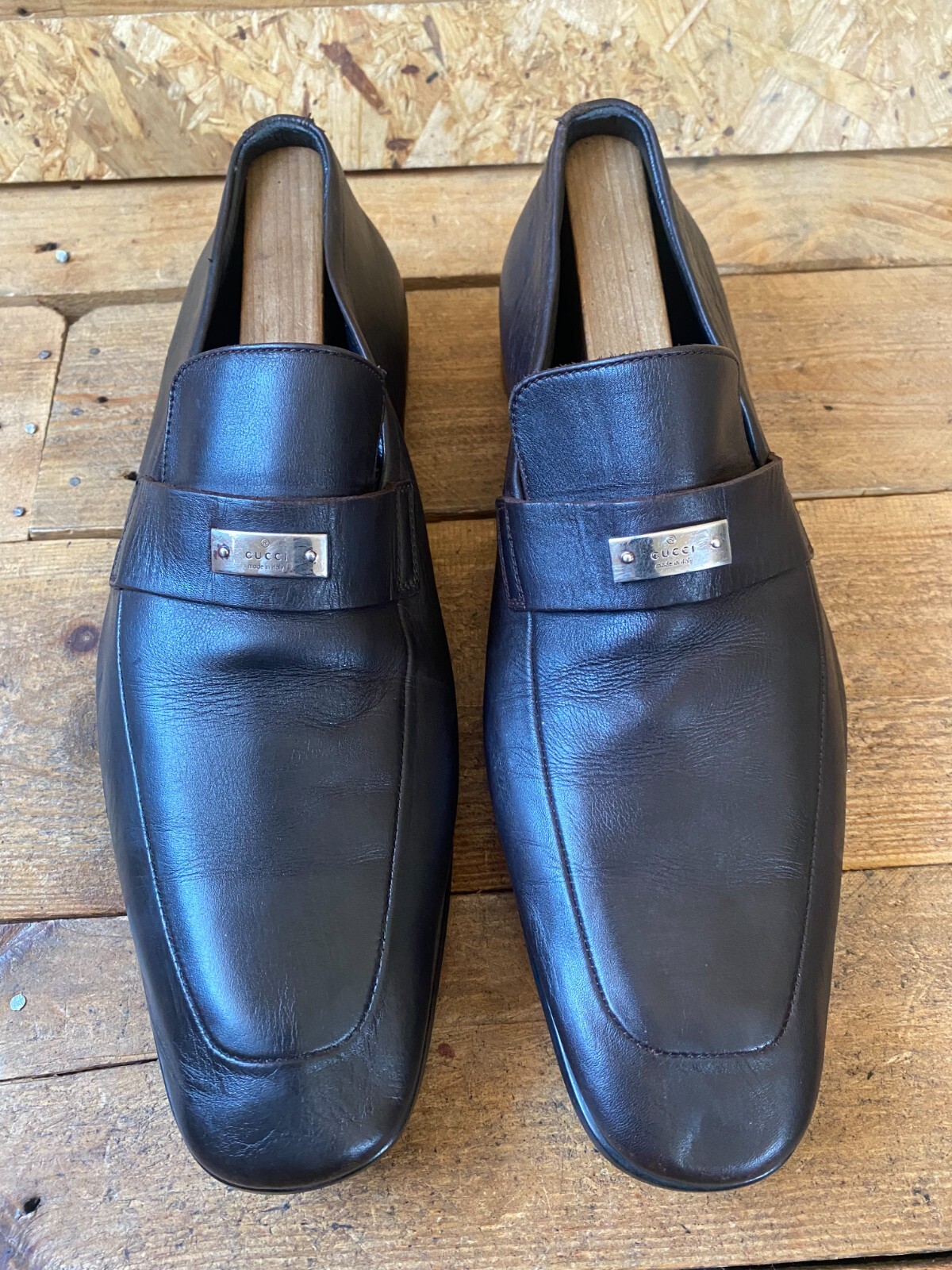 Gucci metalic logo chocolate brown penny loafers uk sz 8.5 US 9.5