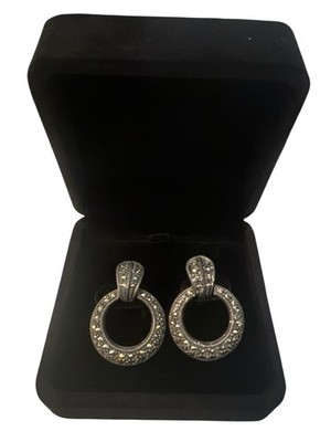 1970s Sterling Silver and Marcasite W Sparkles 1 Inch Diameter Earrings Pierced