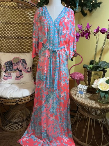 Pre-owned Lilly Pulitzer Carmynn Maxi Caftan Coral Spritz Shelly Bay Size Xs,s,m ? In Multicolor