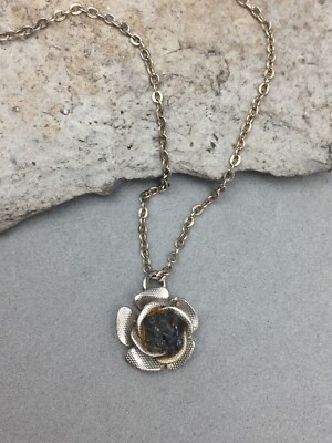 Coal Miner Sweetheart Real Coal Chunk Rose Pendant Silver Tone 18'' Chain Vintage