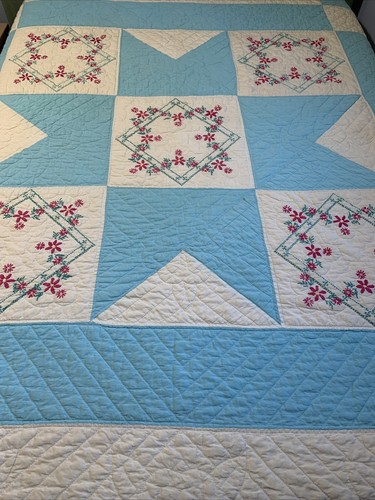 Vintage Quilt Embroidered 78x83 Hand Quilted Blue | eBay
