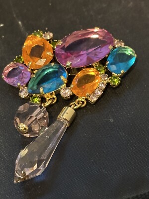STUNNING 3  MULTI COLORED RHINESTONE BROOCH/PENDANT - COSTUME JEWELRY