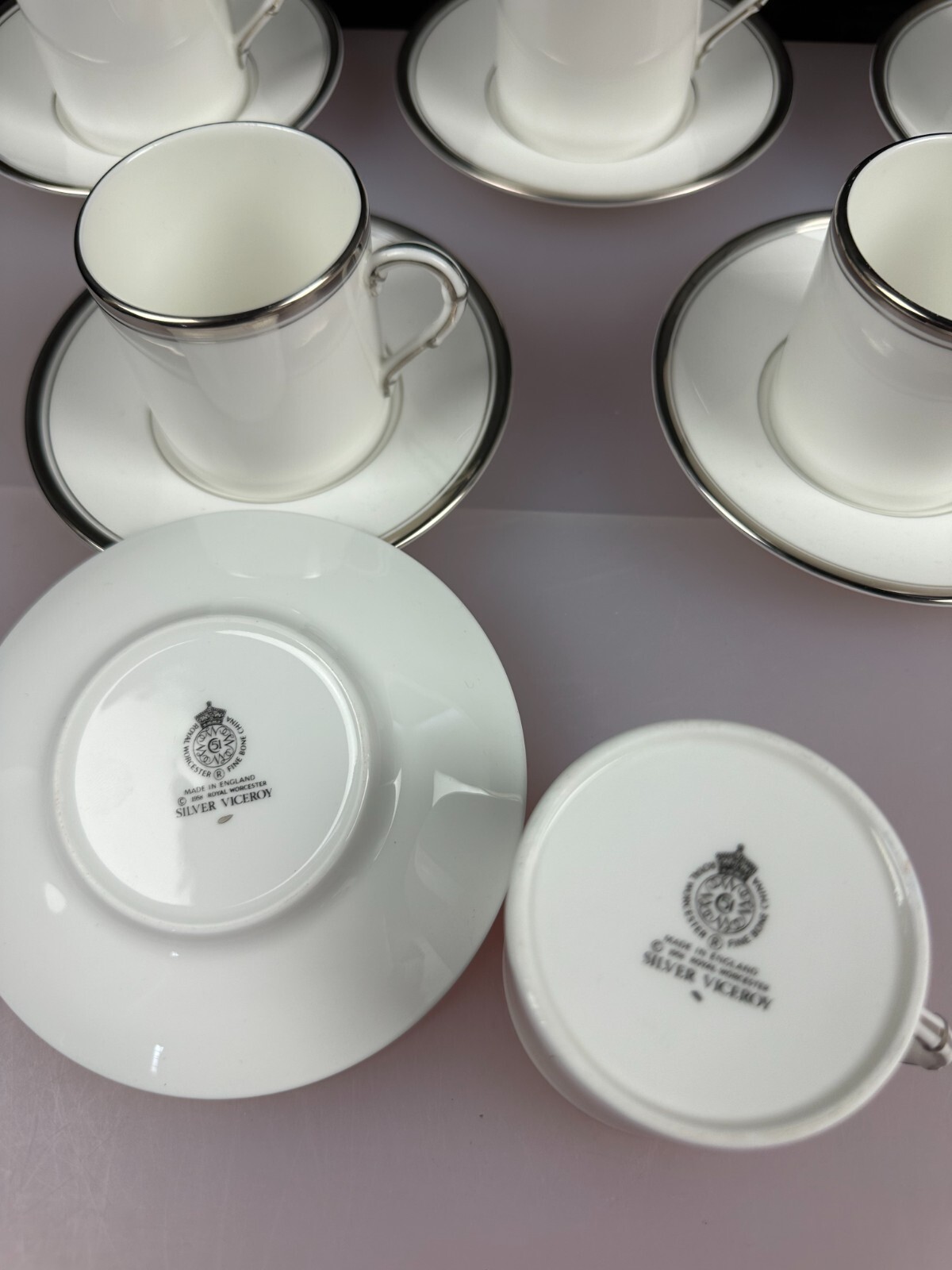 6 x Royal Worcester Silver Viceroy Coffee Cups / Cans and Saucers Set