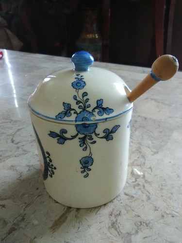 VINTAGE GREY-POUPON DIJON JAR WITH LID AND SPOON 1777 FRANCE, 3 1/2