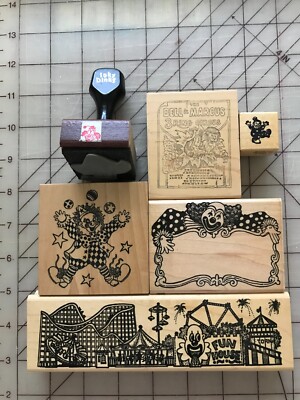 6 Assorted Circus * Clowns* Fun House * 3 Ring * Wood Mount Rubber Stamps # 119