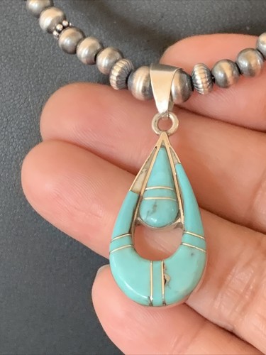 Pre-owned Handmade Womens Blue Turquoise Inlay Pendant Navajo Pearls Sterling Silver Necklace 12501