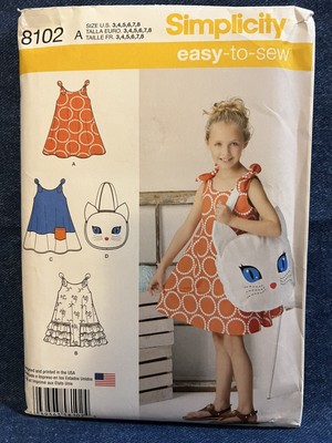 Simplicity 8102 Girls Sundress and Kitty Tote Bag Pattern Size 3 4 5 6 7 8