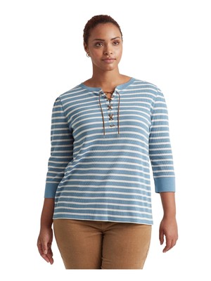 

RALPH LAUREN Женский голубой полосатый топ с круглым вырезом и рукавами 3/4 Plus, Light blue