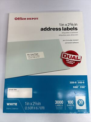 Office Depot Inkjet/Laser Address Labels, 1'' x 2 5/8'', White, 3,000-Box B4
