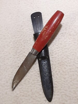 Vintage Ki Mora Sweden Laminated Steel Knife Red Birch Handle W Broken Sheath