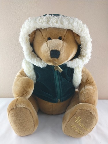 Vintage 2001 Harrods Plush Stuffed Animal Christmas Bear with Green Hoodie VGUC