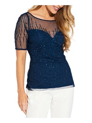 

ADRIANNA PAPELL Женский бирюзовый полупрозрачный топ с короткими рукавами и вырезом из бисера, Teal