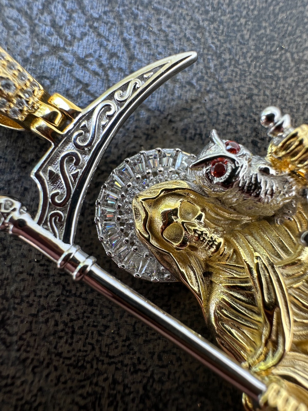 Pre-owned Harlembling Moissanite Santa Muerte Grim Reaper Pendant 925 Silver / 14k Gold Rose Necklace In White