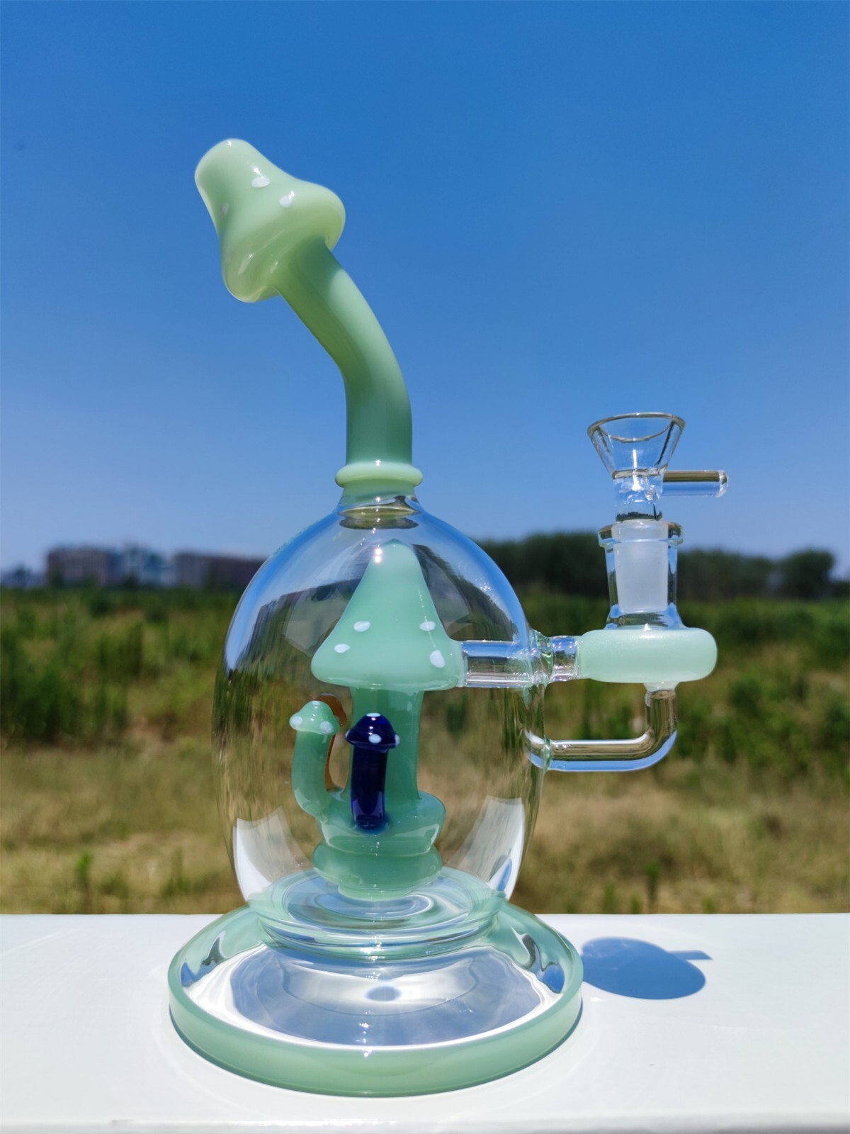 8" Cream Heavy Green Mushroom Recycler Glass Bong 14mm Bowl Water Pipes Hookah