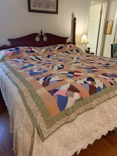 Vintage Cotton Patchwork Tan Quilt  87” By 77”