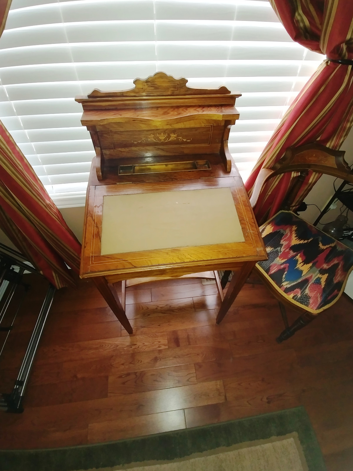 Early French Louis XVI mahogany Tambour inlaid writing table / Bureau De Dame