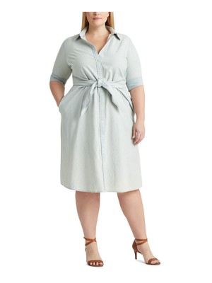 

LAUREN RALPH LAUREN Женское голубое платье-рубашка миди с поясом размера плюс, Light blue