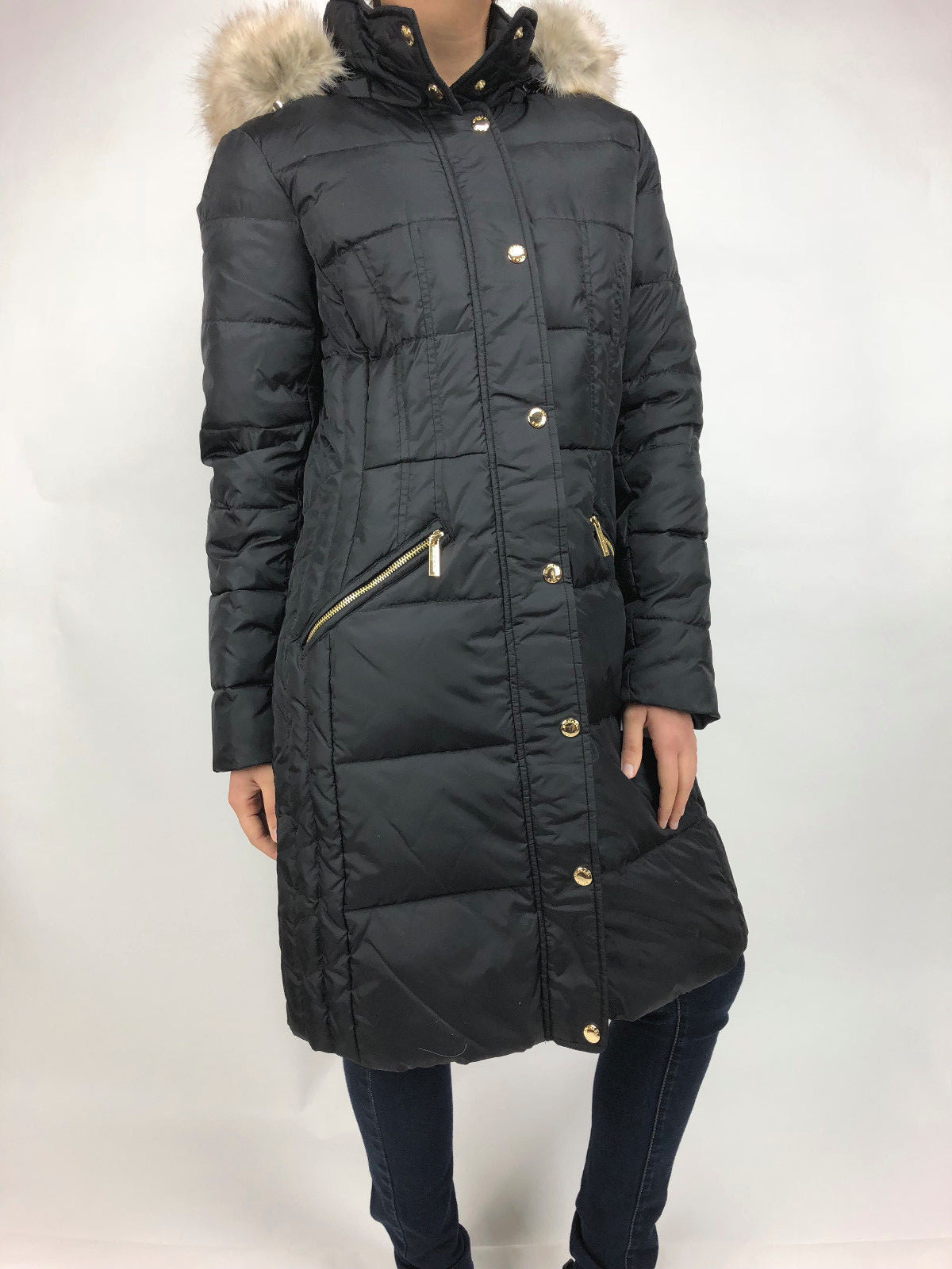 Pre-owned Michael Kors Womens  Down Puffer Jacket Bubble Coat Black Gold Faux Fur Trim Hood