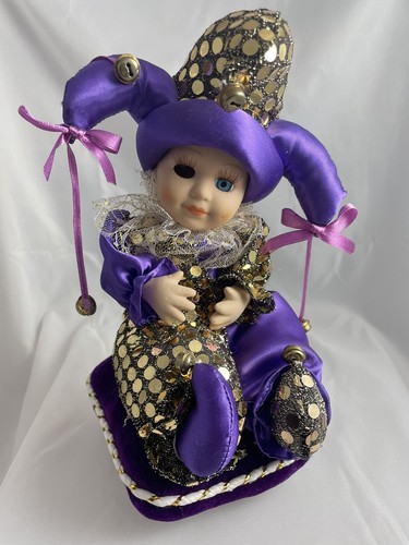 Mardi Gras Clown Baby Jester Animated Musical Porcelain Doll On Pillow Purple