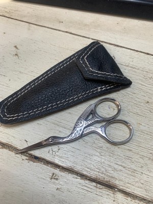 Vintage Stork shaped Embroidery scissors in leather scabbard 3 3/4 inch long New
