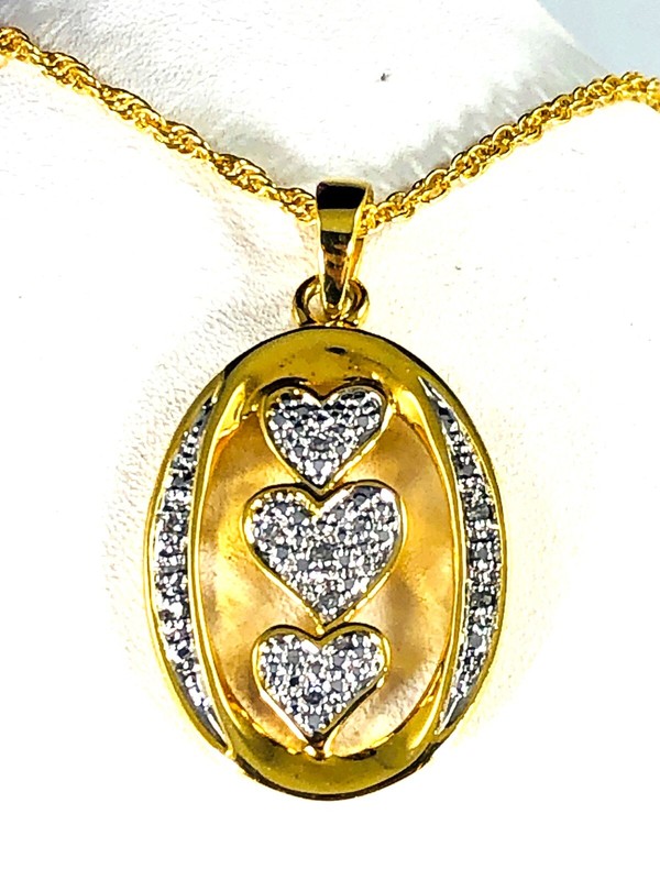 14K GP DANBURY MINT NECKLACE DIAMOND TRIPLE HEART I LOVE YOU PENDANT