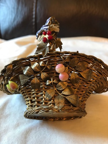 Woven Brass Perfume Basket Victorian w/Glass Fruits & Butterflies 1890
