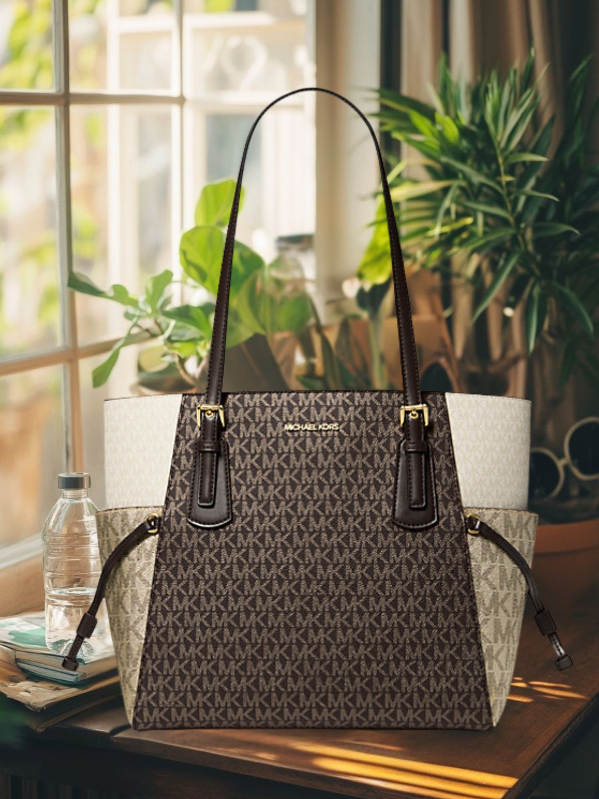 Michael Kors Voyager Large Metallic Color-Block MK Logo Tote