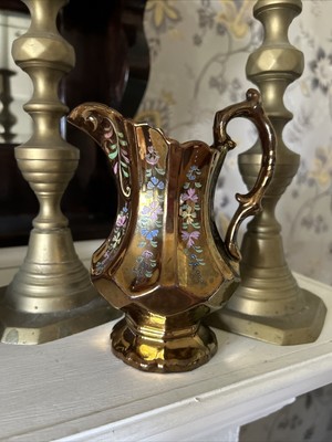 Antique Copper Lusterware Milk Pitcher Vase Hand Painted Flowers