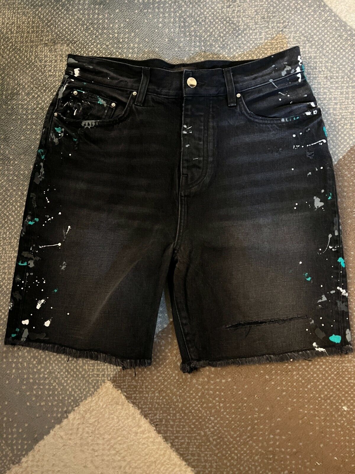 Pre-owned Amiri Paint Splatter Print Ripped Denim Shorts Us 30 Painter Bermuda In Black