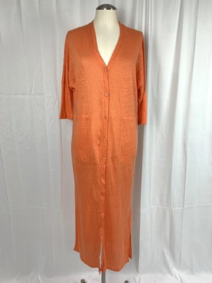 Notshy Cashmere Neva Orange Linen Long Dress Cardigan V Neck Button Up L/XL