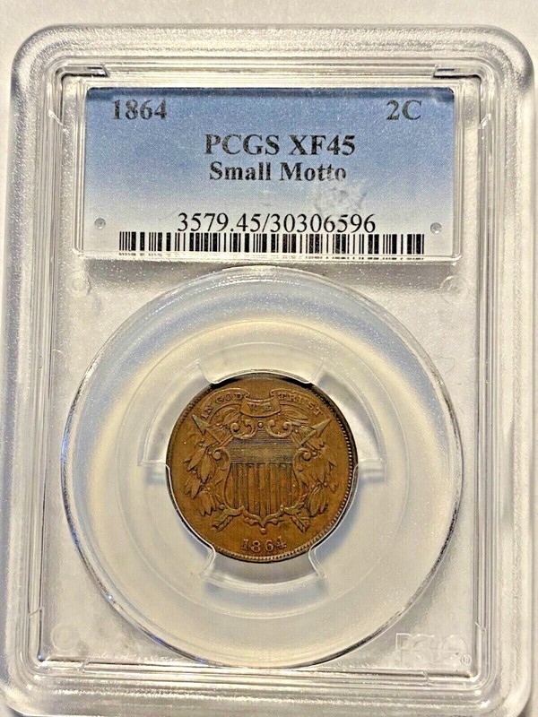 #A3963/680,PCGS XF45 Two Cents 1864 SMALL Motto Great Coin