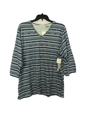 Victoria Jones Woman Plus 2X Blue Striped Floral V-Neck Shirt NWT