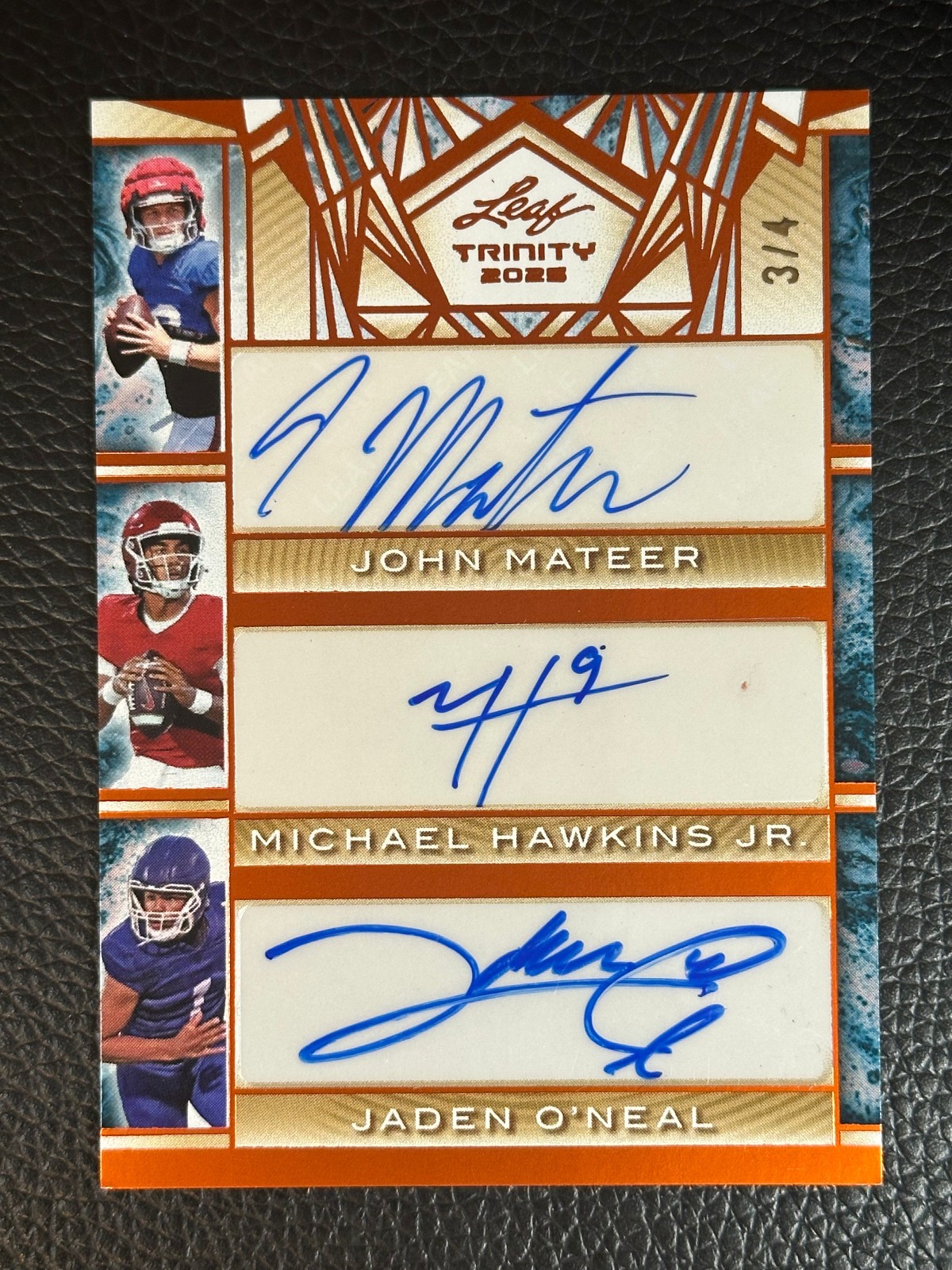 2025 Leaf Trinity Orange John Mateer Michael Hawkins Jr Jaden O'Neal 3/4 Auto