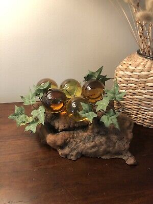 Vtg 1960s Brown, Amber & Yellow Lucite Grapes on Piece of Burled Wood MCM Retro