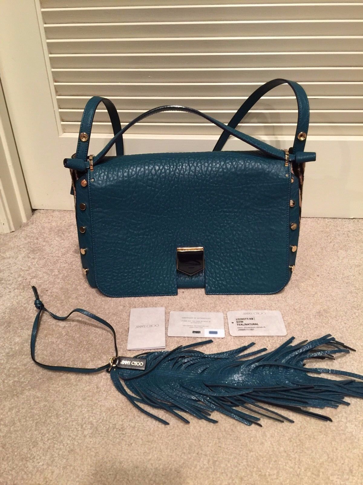 JIMMY CHOO TEAL GREEN Leather Cheetah Leopard Print Pony JIMMY CHOO TEAL GREEN Leather Cheetah Leopard Print Pony