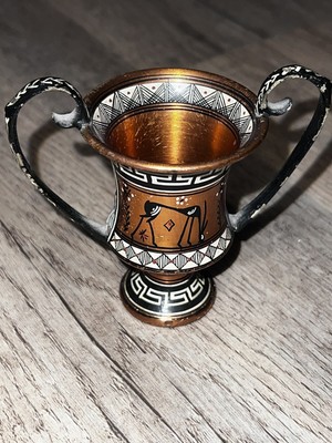 Handmade Mini  Greek Vase Hand Painted 3'' VINTAGE Copper